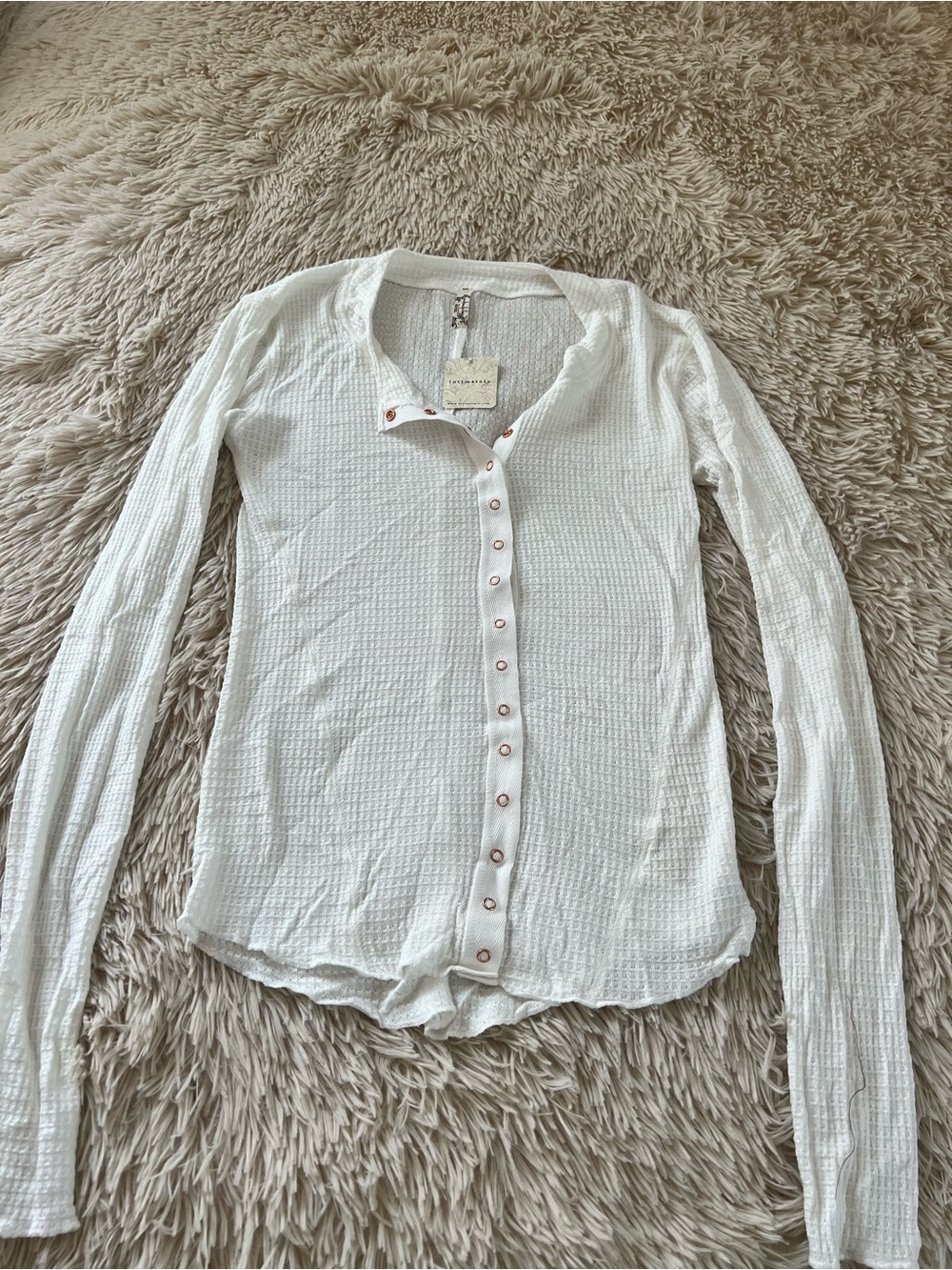 Free People White Waffle-Knit Button Front Top
